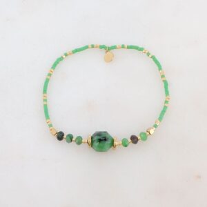 Bracelet élastique doré, perles de rocaille vertes - Ikita