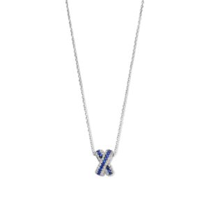 Collier Argent pendentif croisé, Zirconiums bleus, Naiomy