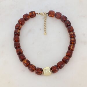 Collier cubes 14 mm, résine couleur Ambre et doré