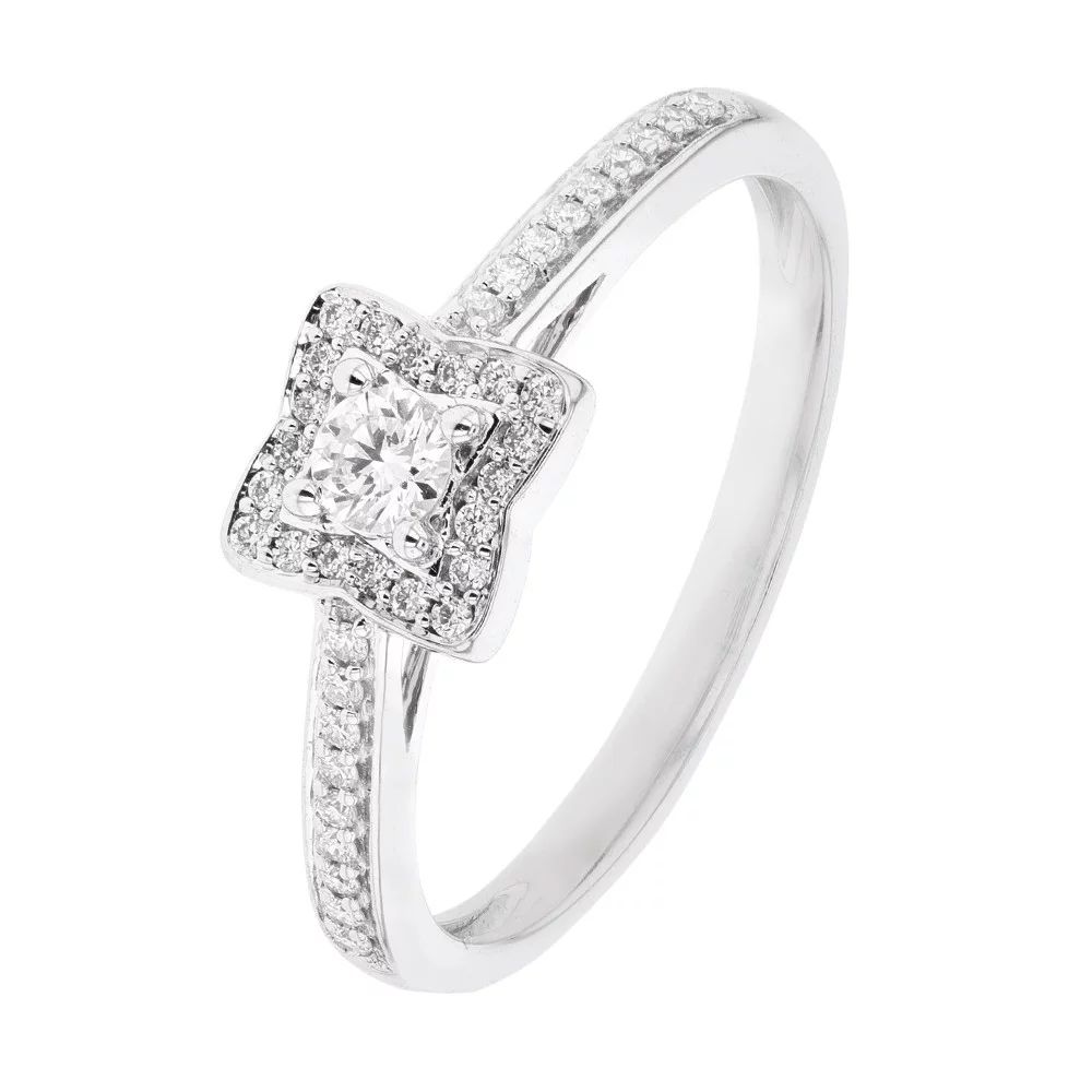 Bague, Solitaire Accompagné Or Blanc et Diamants 0.10 carat