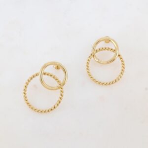 Boucles d'oreilles acier doré 2 anneaux lisse et torsadé, 41 x 31 mm IKITA