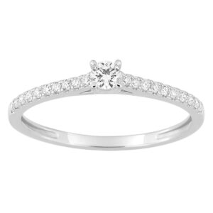 Bague or blanc, solitaire accompagné diamants synthétiques 0.22 carat