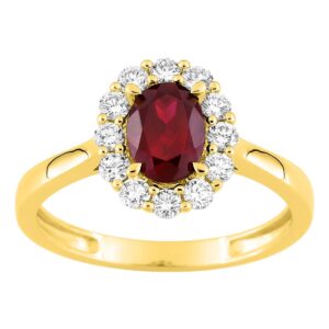 Bague Marguerite, or jaune, Rubis synthétique 8 x 6 mm, diamants synthétiques