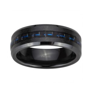 Bague homme, Céramique noire brossée, carbone bleu, Phébus