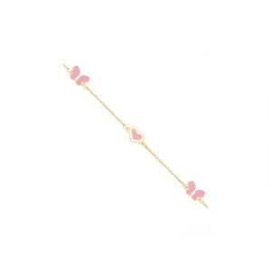 Bracelet enfant, Or jaune, Coeur et Papillons roses