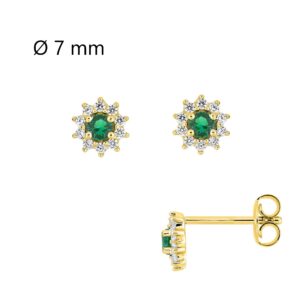 Boucles d'oreilles "Marguerite" Ø 7 mm, plaqué or et zirconiums verts et blancs
