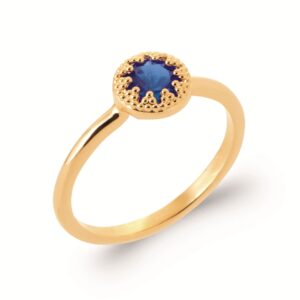 Bague plaqué or, motif soleil et pierre bleue
