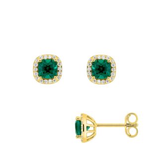 Boucles d'oreilles or jaune 7 x 7 mm, émeraudes synthétiques et diamants synthétiques