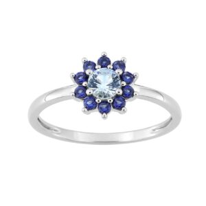 Bague argent et zirconiums bleus, Fleur Ø 8.6 mm