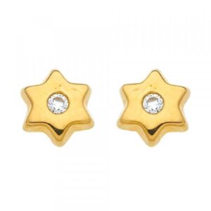 Boucles d'oreilles enfants, Or jaune et zirconiums, motif étoiles 5/6 mm