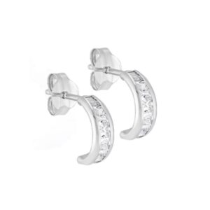 Demi créoles 8 x 3 mm,  Or blanc et zirconiums