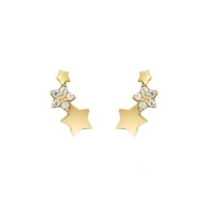 Boucles d'oreilles 9 x 4 mm, Or Jaune et Zirconiums, Trilogie d'étoiles