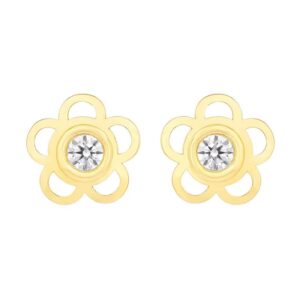 Boucles d'oreilles enfant, Or 750/000,  Fleur et zirconium Ø 7 mm