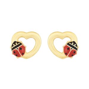 Boucles d'oreilles enfant, Coeur et Coccinelles, Or jaune, 7 x 7 mm