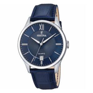 Montre Homme acier Ø43 mm, cuir bleu, dateur, Festina