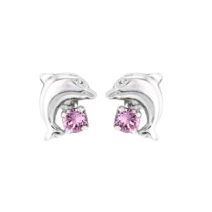 Boucles d'oreilles enfants, Argent et zirconium rose, Dauphins Ø 10 mm