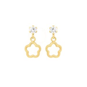 Boucles d'oreilles enfants, pendantes, or jaune et zirconiums, motif Fleur Ø 5 mm