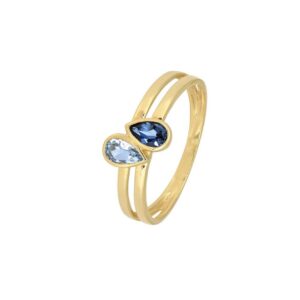 Bague or jaune, duo de Topazes, bleue et Blue London