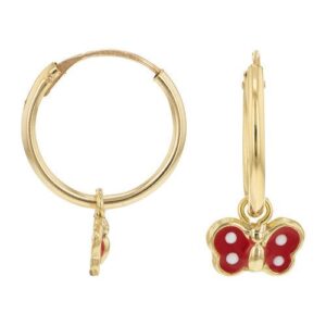 Créoles or jaune, pampille papillon émail rouge