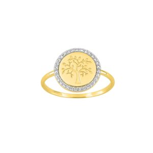Bague or jaune jeton Arbre de Vie, contour zirconiums