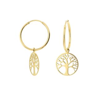 Créoles Ø 12 mm Or jaune, pampilles arbre de vie Ø 10 mm