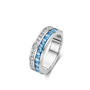 Bague argent 6 mm, zirconiums blancs et bleus clairs, Naiomy