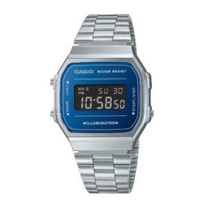 Montre Vintage métalisée, fond bleu, Casio