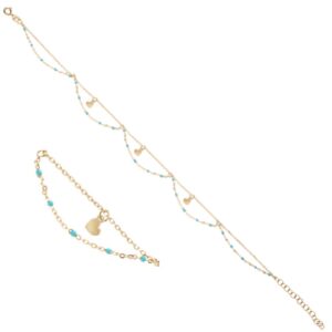 Chaine de cheville plaqué or, pampilles Coeurs, résine Turquoise