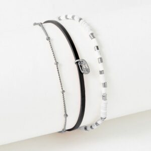 Bracelet acier et cuir noir vernis et Howlite "Appoline" T1