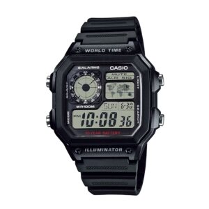 Montre noire 42 mm World Time, pile 10 ans, Casio