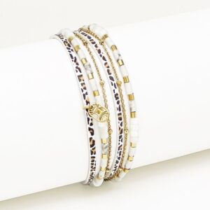 Bracelet acier doré, cuir imprimé léopard et pierre  « Théa » T1