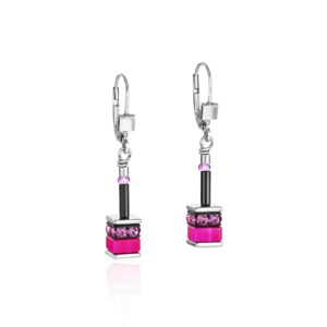 Boucles d'Oreilles acier, Mini Cubes et cristaux Rose Fuchsia, Coeur de Lion