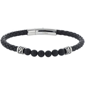 Bracelet cuir tressé et Onyx mate, Harvey Stone