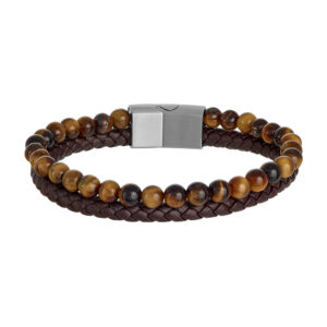 Bracelet Oeil de Tigre et cuir marron, Harvey Stone