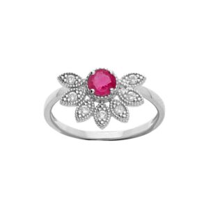 Bague Fleur, Argent, Rubis et topazes blanches, taille 54