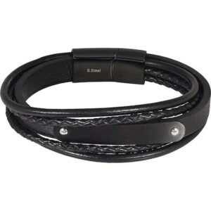 Bracelet multi liens cuir et plaque noir à graver, Harvey Stone