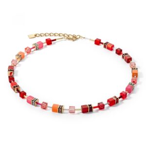 Collier acier doré, Cubes "Festive Red" et cristaux, Coeur de Lion