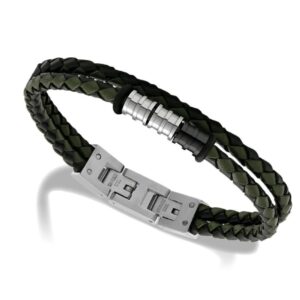 Bracelet "Gentleman" Cuirs tressés noir et kaki