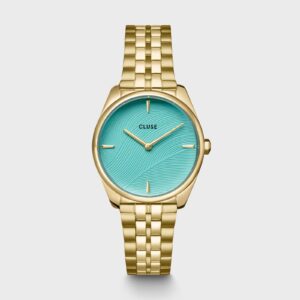 Féroce Petite Watch Steel, Leaf Texture Pool Blue, Gold Colour