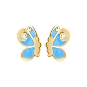 Boucles d'oreilles papillon 7 x 5 mm, or jaune, émail bleu, zirconium
