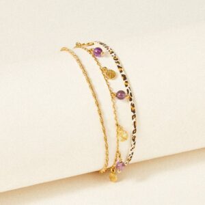 Bracelet Ophelie, cuir panthère, améthyste, Taille 2