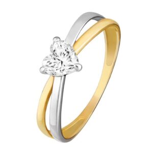 Bague or, double anneaux, zirconium en Coeur 5 x 5 mm