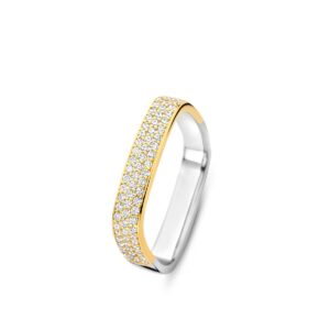 Bague carrée, argent et dorure, pavage zirconiums, Naiomy
