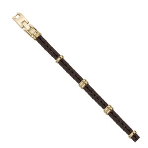 Bracelet homme, double cuir tressé marron et acier doré, Phebus