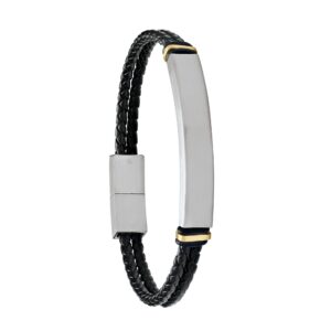 Bracelet gourmette homme "Basile", cuir noir et acier
