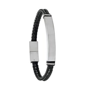Bracelet gourmette homme "Basile' acier et cuir noir