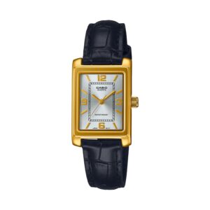 Montre femme rectangulaire dorée 21 mm, cuir noir, Casio
