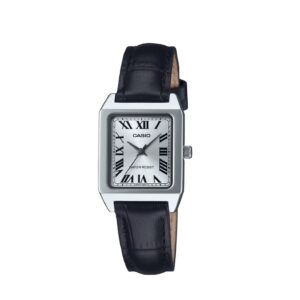 Montre femme rectangulaire acier 22 mm, Chiffres Romains, Cuir noir, Casio
