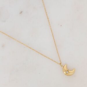 Collier acier doré, pendentif lune bombée 12 mm et strass