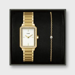 Coffret Cluse, Fluette Watch Steel, White Stones & Zircon Bracelet, Gold Colour